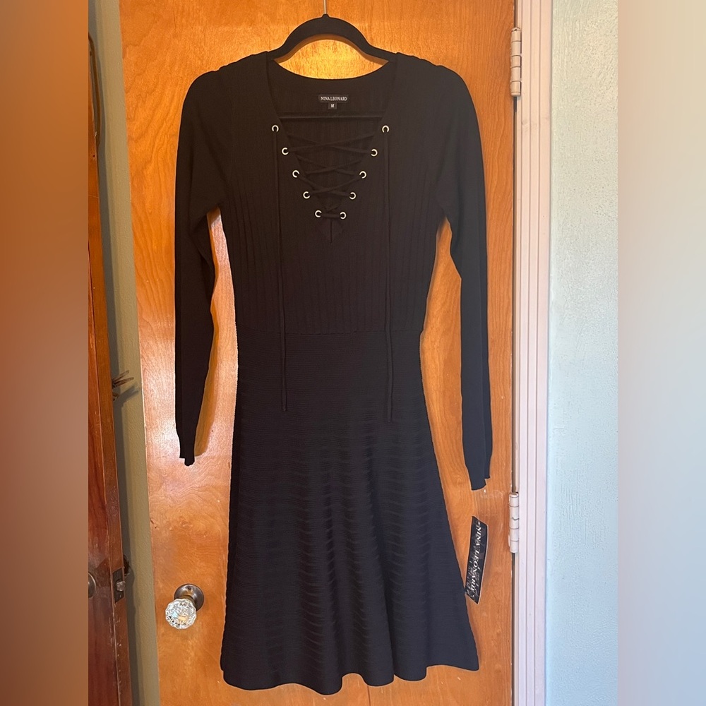 Nina Leonard Black Long Sleeve Lace-Up Dress